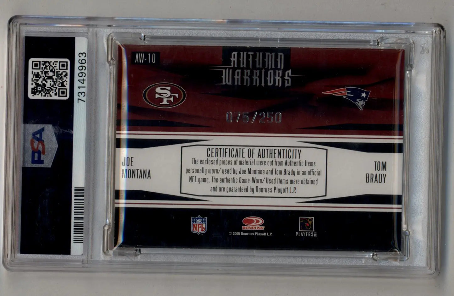 Graded Tom Brady Joe Montana Zenith Autumn Warriors card in protective case