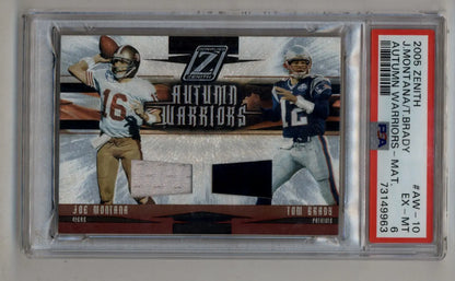 PSA-graded Tom Brady Joe Montana Zenith Autumn Warriors card with dual jersey patches