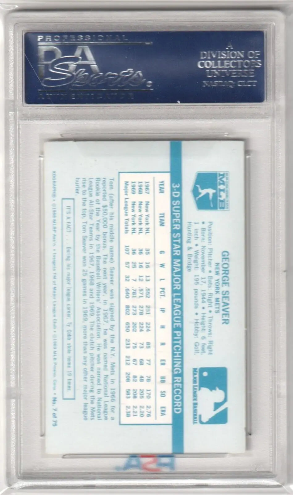 PSA graded Tom Seaver 1970 Kellogg’s #7 trading card in protective case from Columbia Hobby