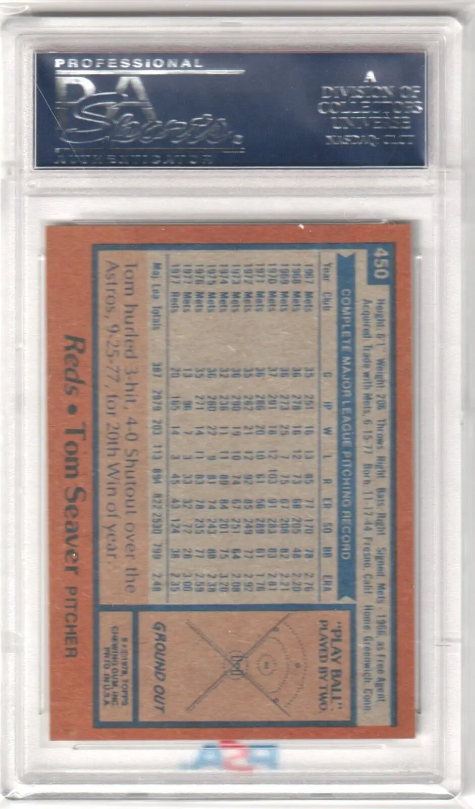 TOM SEAVER 1978 Topps #450 PSA 10 GEM MINT baseball card in protective holder for Columbia Hobby