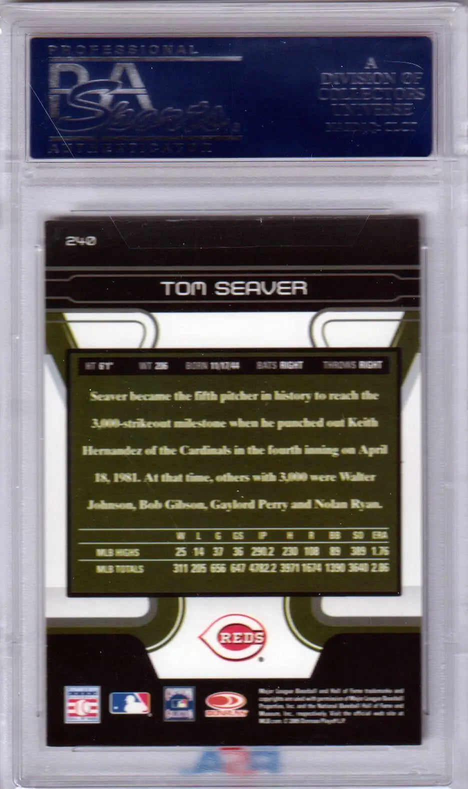 PSA-graded Tom Seaver Donruss Zenith baseball card showcasing career stats and achievements