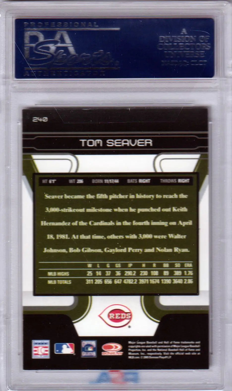 PSA-graded Tom Seaver 2005 Donruss Zenith card back with Reds logo and stats