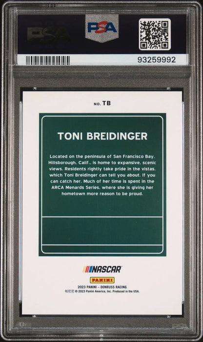 PSA-graded Toni Breidinger 2023 Donruss NASCAR Downtown card with green text box