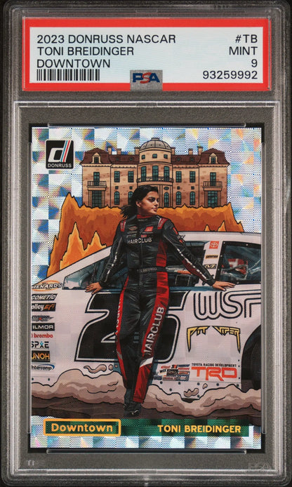 PSA-graded Toni Breidinger 2023 Donruss NASCAR Downtown card near city skyline