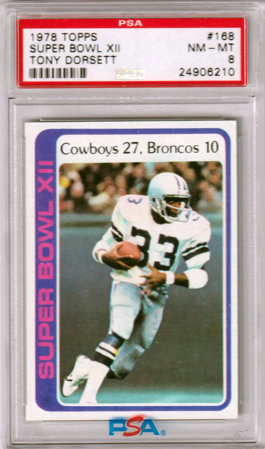 PSA-graded 1978 Topps Super Bowl XII Rookie football card of Tony Dorsett running