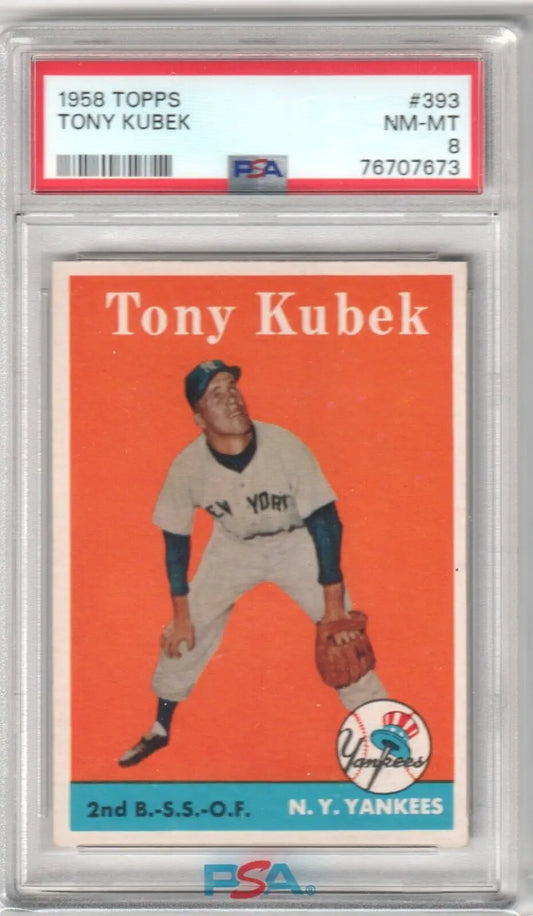 PSA-graded 1958 Topps Tony Kubek Yankees infielder card with orange background