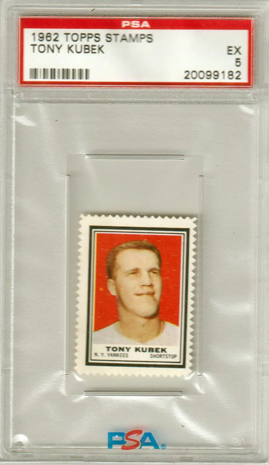 PSA-graded Tony Kubek 1962 Topps Stamps card in protective holder from Columbia Hobby