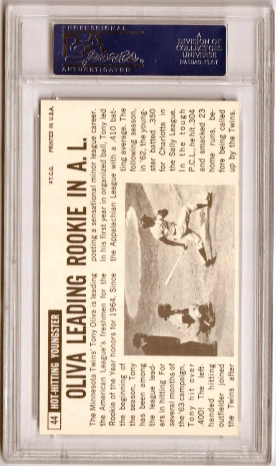 PSA-graded TONY OLIVA 1964 Topps Giants #44 single card with vintage action photo, Columbia Hobby