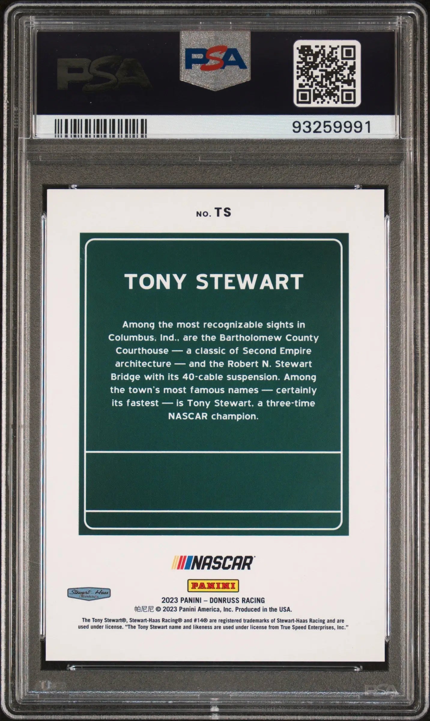 PSA-graded Tony Stewart card featuring Donruss NASCAR Downtown biographical info