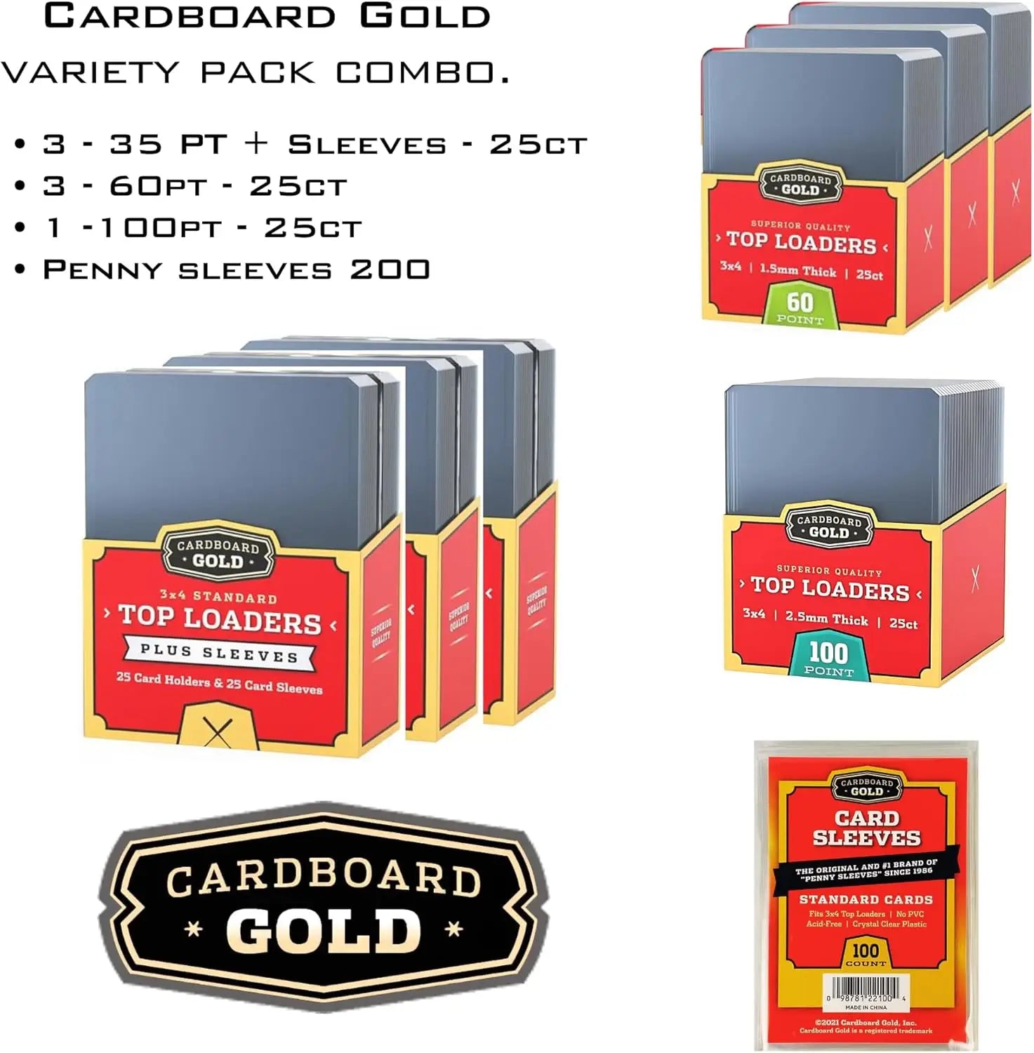 Cardboard Gold Toploader Collector Bundle with card sleeves and top loaders for card protection