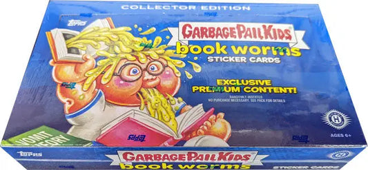 Box of Garbage Pail Kids Book Worms collector edition sticker cards with a grotesque character