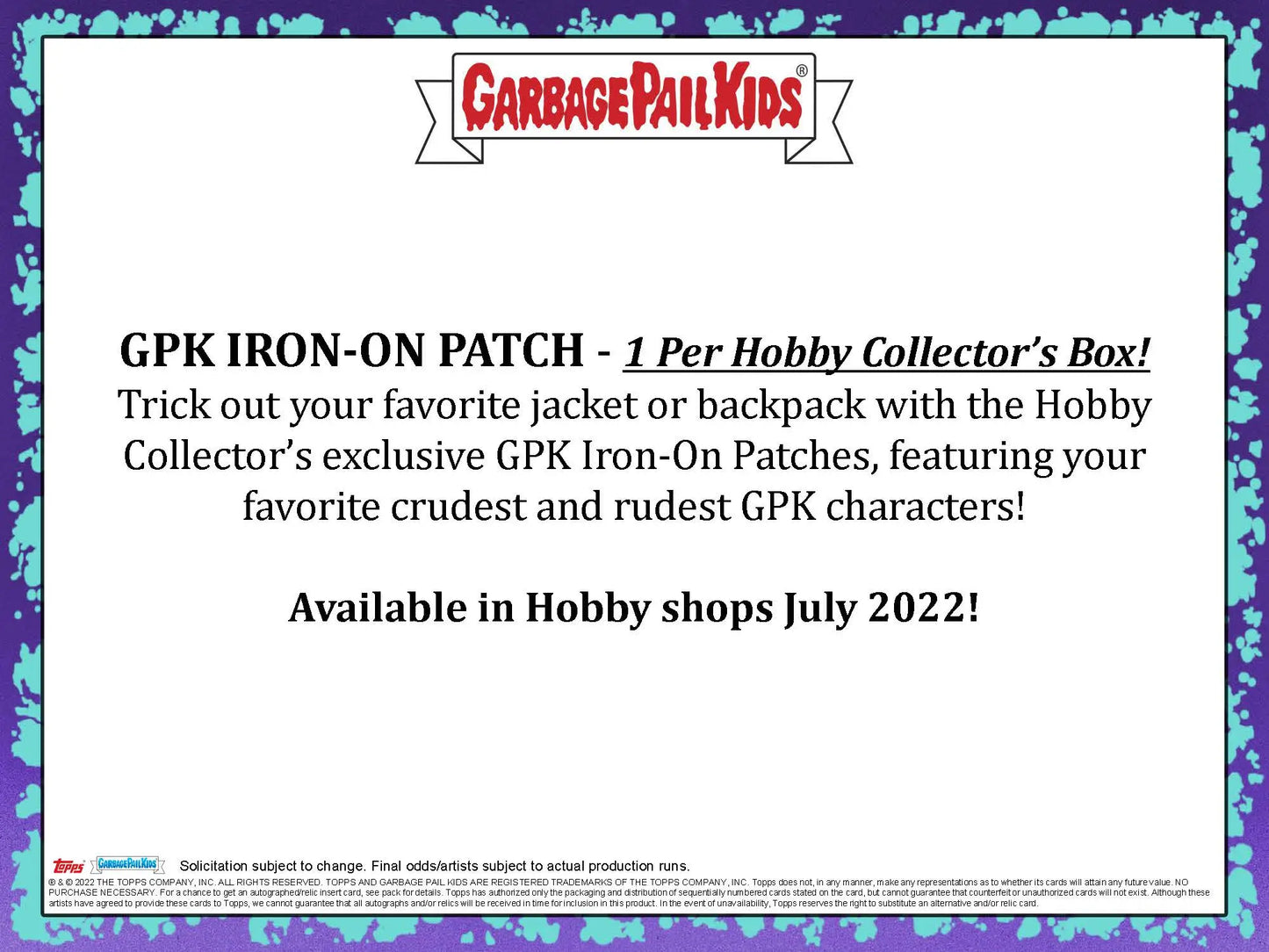 Advertisement for Garbage Pail Kids iron-on patches in Topps 2022 Book Worms Hobby Box