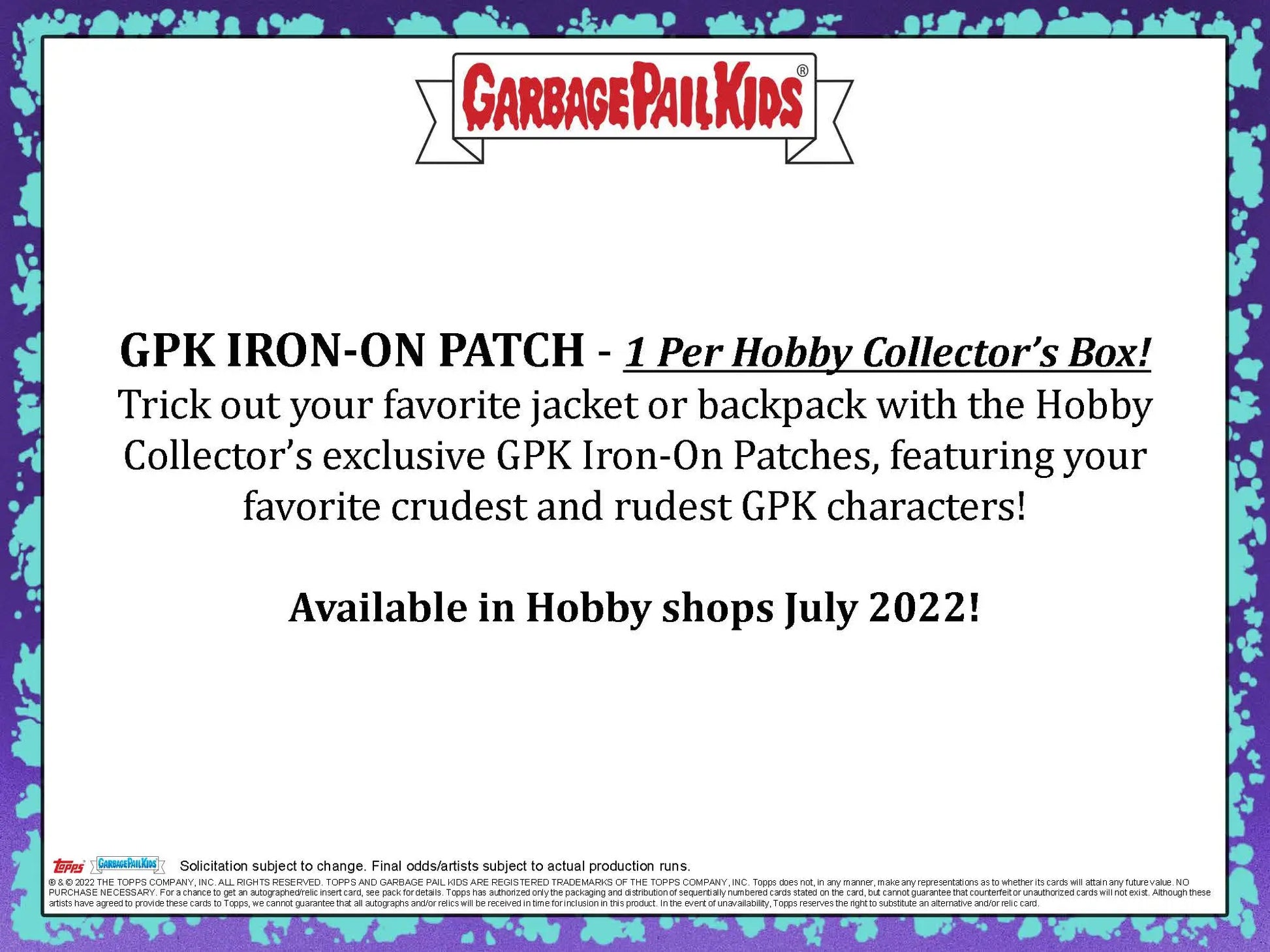 Advertisement for Garbage Pail Kids iron-on patches in Topps 2022 Book Worms Hobby Box