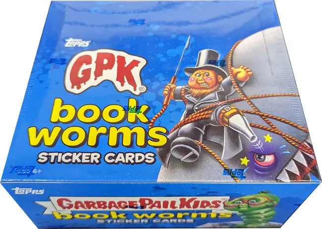 Box of Garbage Pail Kids GPK Book Worms sticker cards with cartoon character design