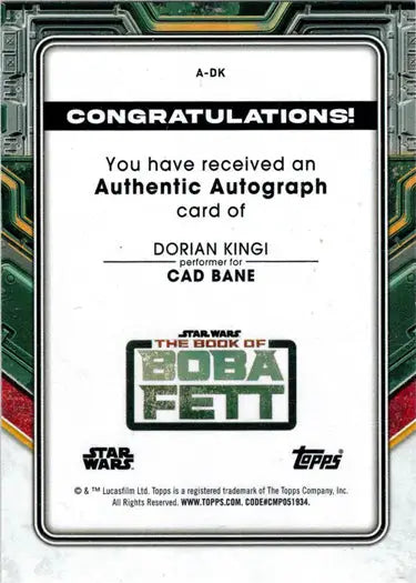 Star Wars Book of Boba Fett Autograph Card by Dorian Kingi featuring Cad Bane