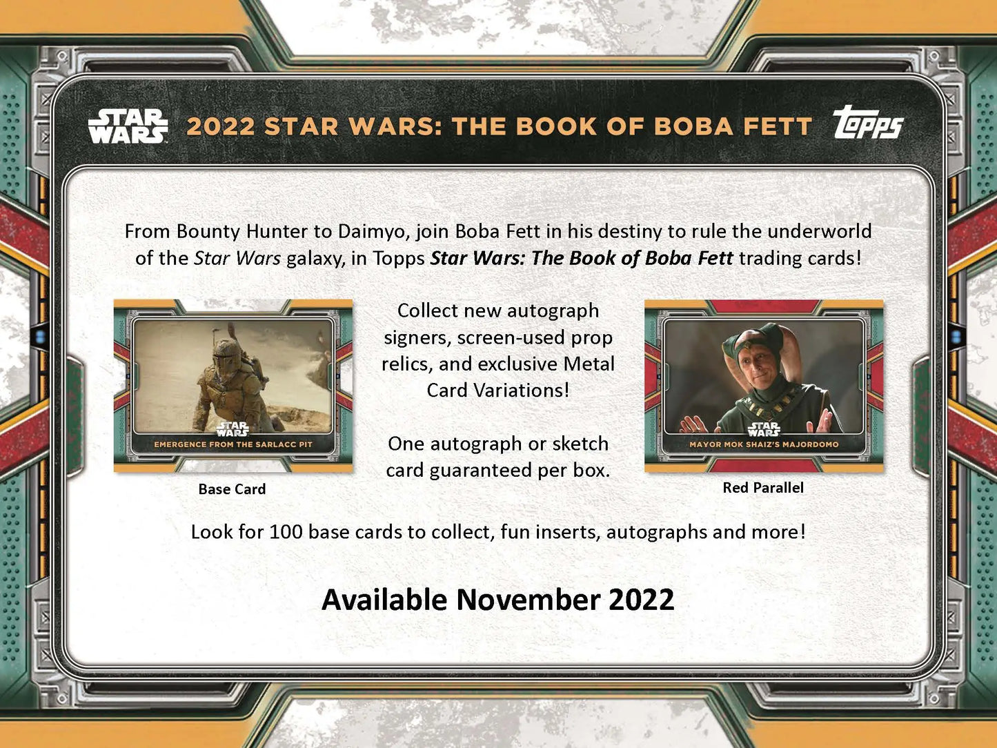 Topps 2022 Star Wars Boba Fett Trading Cards advertisement on Hobby Tin Box