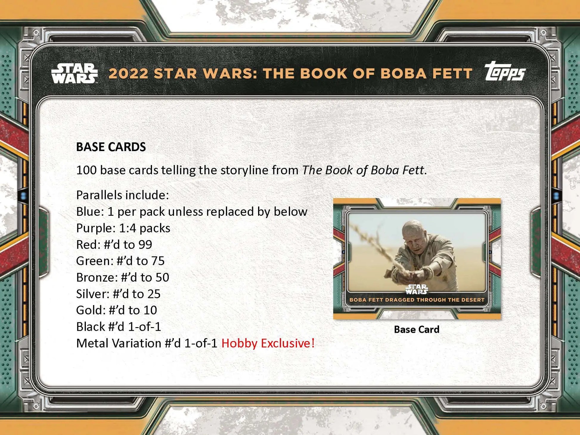 Trading card information panel for Star Wars Boba Fett showing base and parallel variants