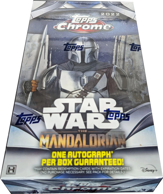 Trading card box featuring a Mandalorian helmet and Topps Star Wars Chrome Beskar branding