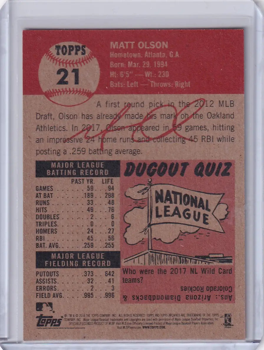 Baseball trading card of Matt Olson with stats and Dugout Quiz on red background