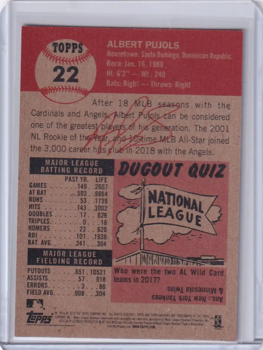 Baseball card of Albert Pujols from Topps Baseball Living Set featuring Los Angeles Angels stats