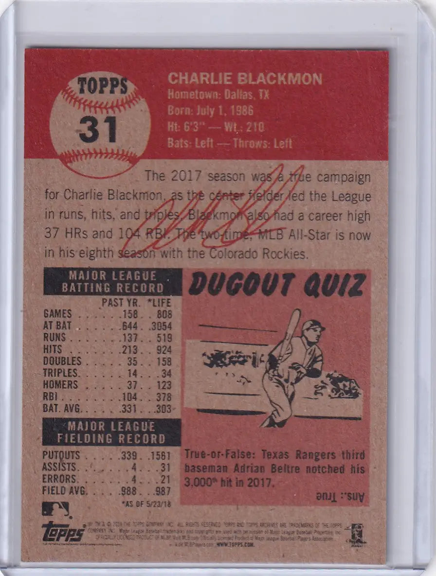 Topps Baseball Living Set #31 card of Charlie Blackmon with player stats and Dugout Quiz