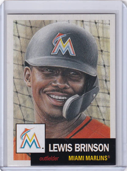 Baseball card of smiling Lewis Brinson in Miami Marlins uniform from Topps Baseball Living Set