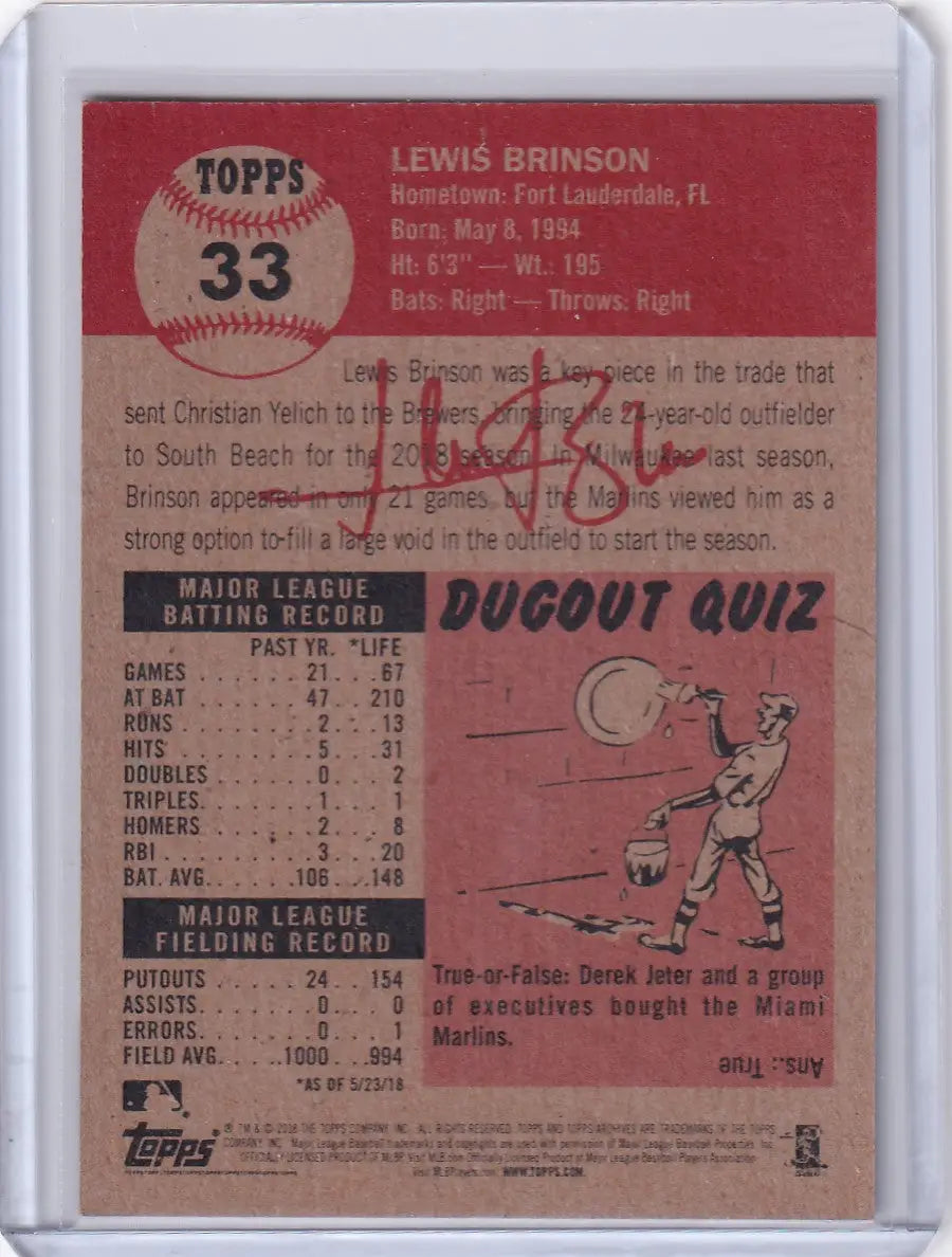 Vintage Topps Baseball Living Set #33 card showcasing player stats and Dugout Quiz