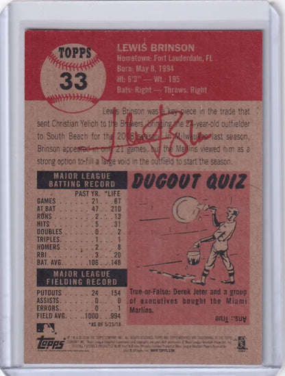 Vintage Topps Baseball Living Set #33 card showcasing player stats and Dugout Quiz