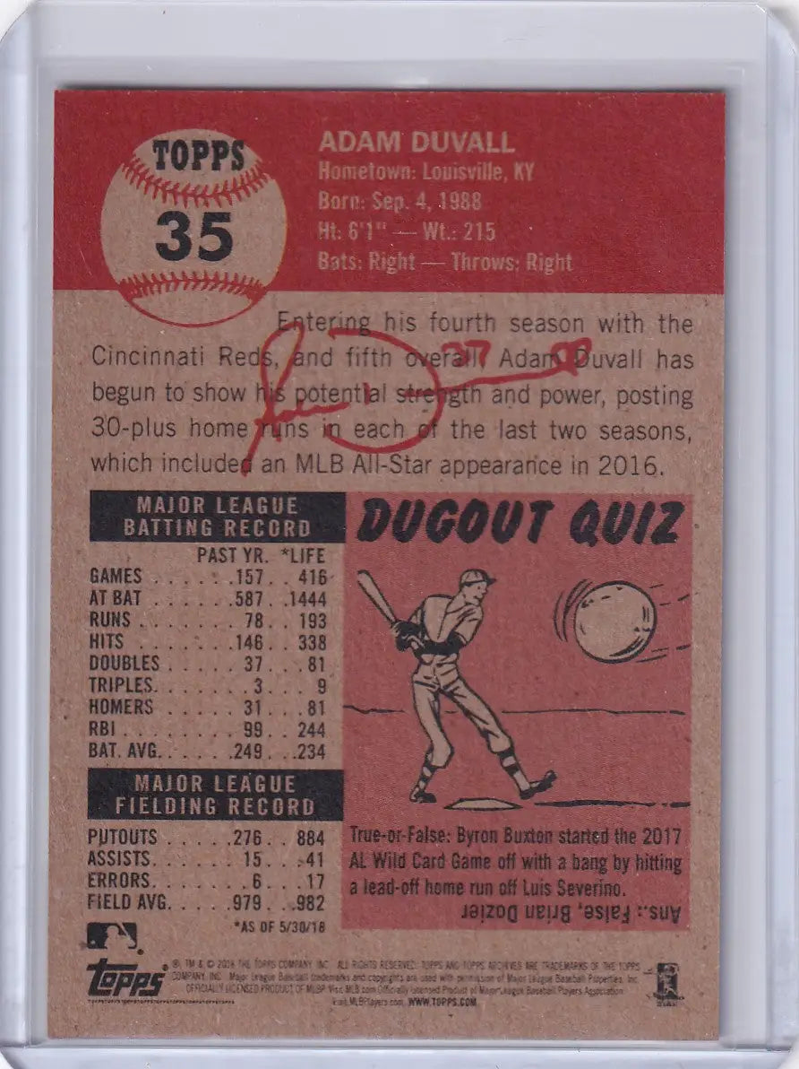 Topps Baseball Living Set #35 Adam Duvall card with player stats and Dugout Quiz on red background