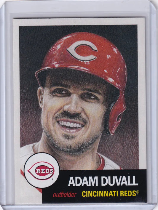 Baseball card of Adam Duvall in Cincinnati Reds helmet from Topps Baseball Living Set