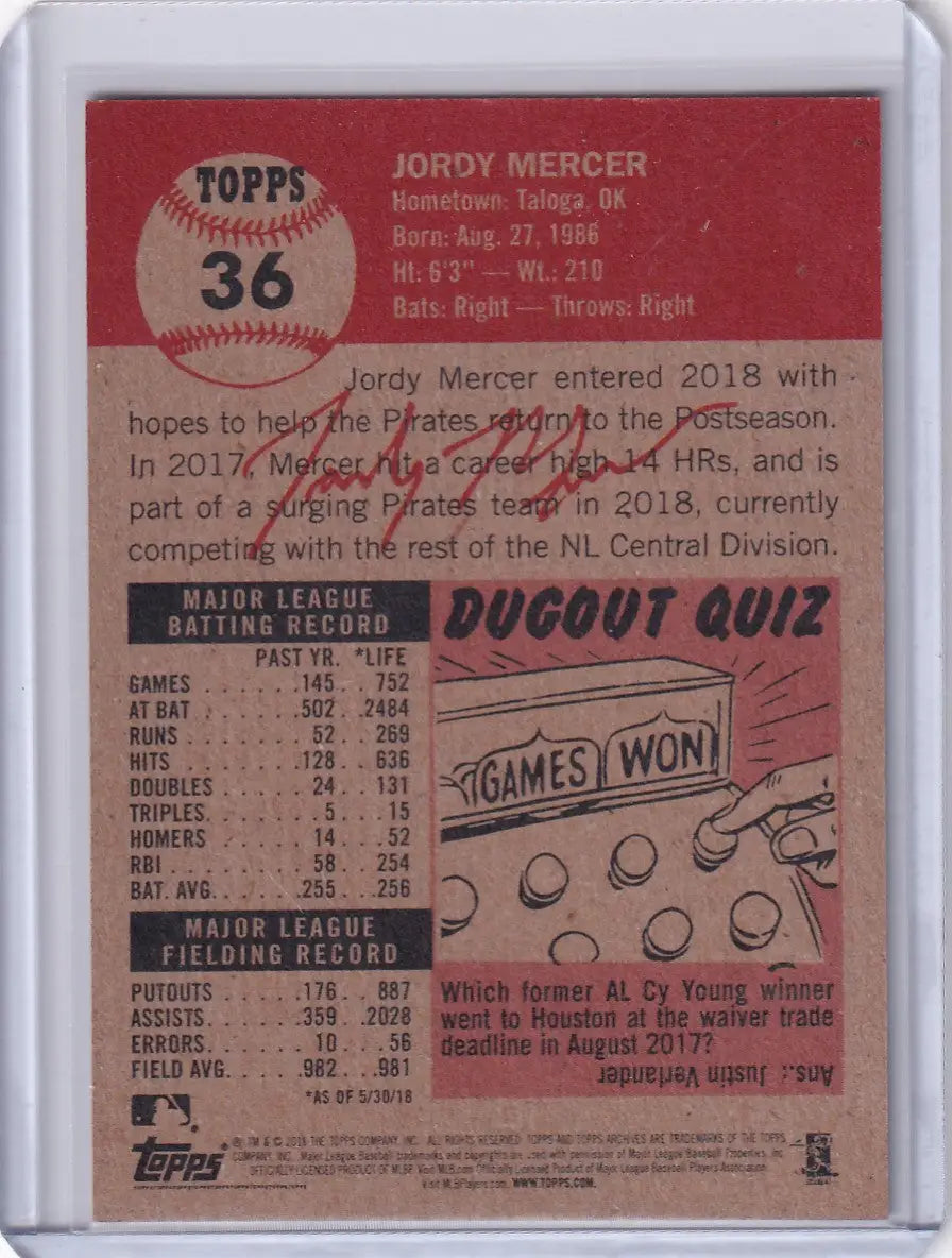 Topps Baseball Living Set #36 Jordy Mercer card with player stats and Dugout Quiz