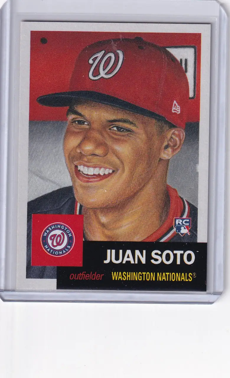 Baseball card of Juan Soto in a red Nationals cap from Topps Baseball Living Set