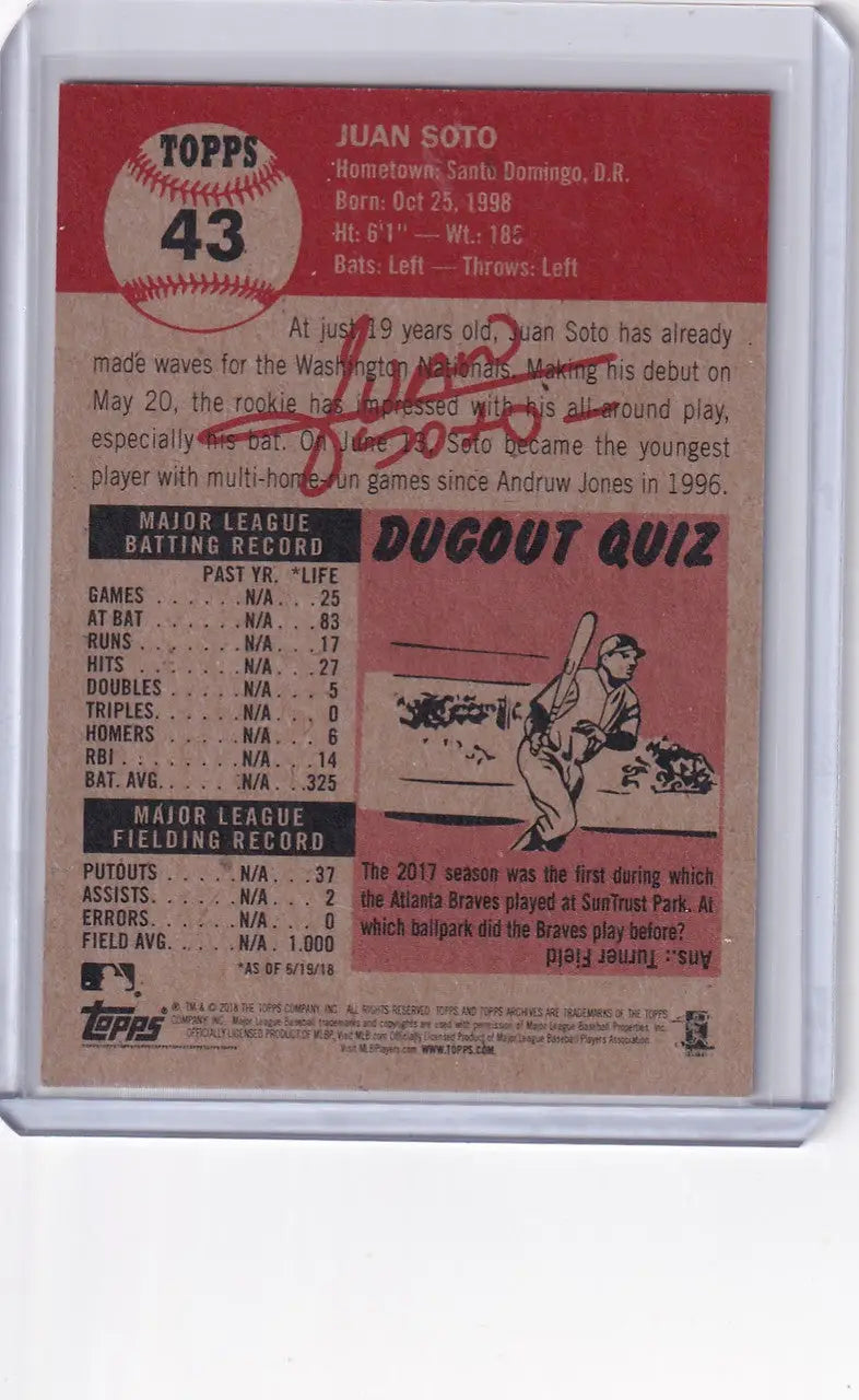 Baseball card showcasing player stats and Dugout Quiz from Topps Baseball Living Set