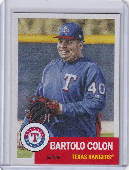 Baseball card of smiling pitcher Bartolo Colon in blue Texas Rangers uniform for Topps Baseball Living Set