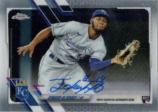 Autograph card of Edward Olivares pitching for Kansas City Royals in Topps Chrome 2022