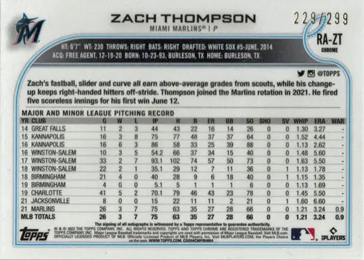 Baseball card of Zach Thompson with statistics, Topps Chrome Purple Sparkle Auto 229/299