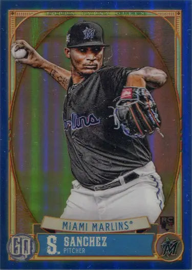 Baseball card of a Miami Marlins pitcher in mid-throw, Blue Parallel Chrome Boxtopper