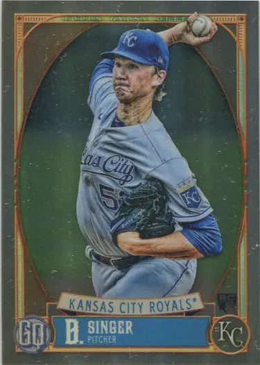 Baseball card of Kansas City Royals pitcher Brady Singer in throw, Chrome Boxtopper Card