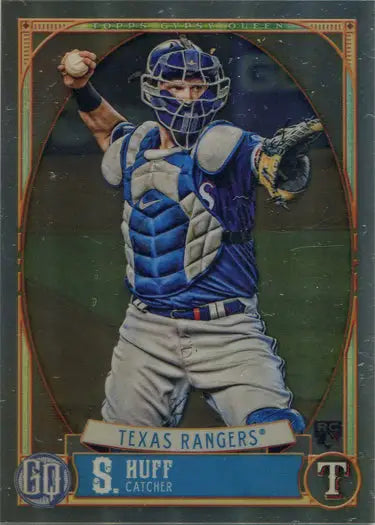 Baseball catcher in blue gear throwing ball on Topps Gypsy Queen Chrome Boxtopper Card