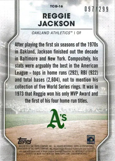 Reggie Jackson Oakland Athletics Greats Foil Card with statistics and biography