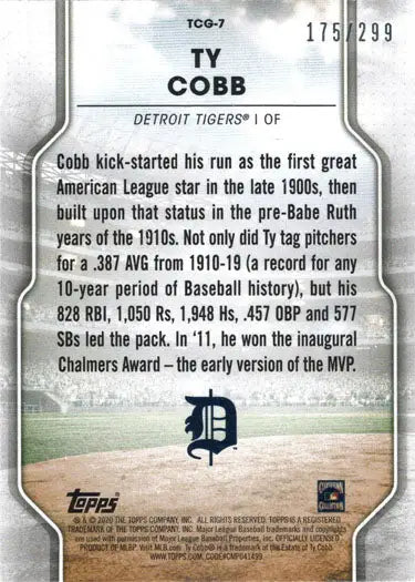 Baseball card featuring Ty Cobb’s stats and achievements as a greats foil card