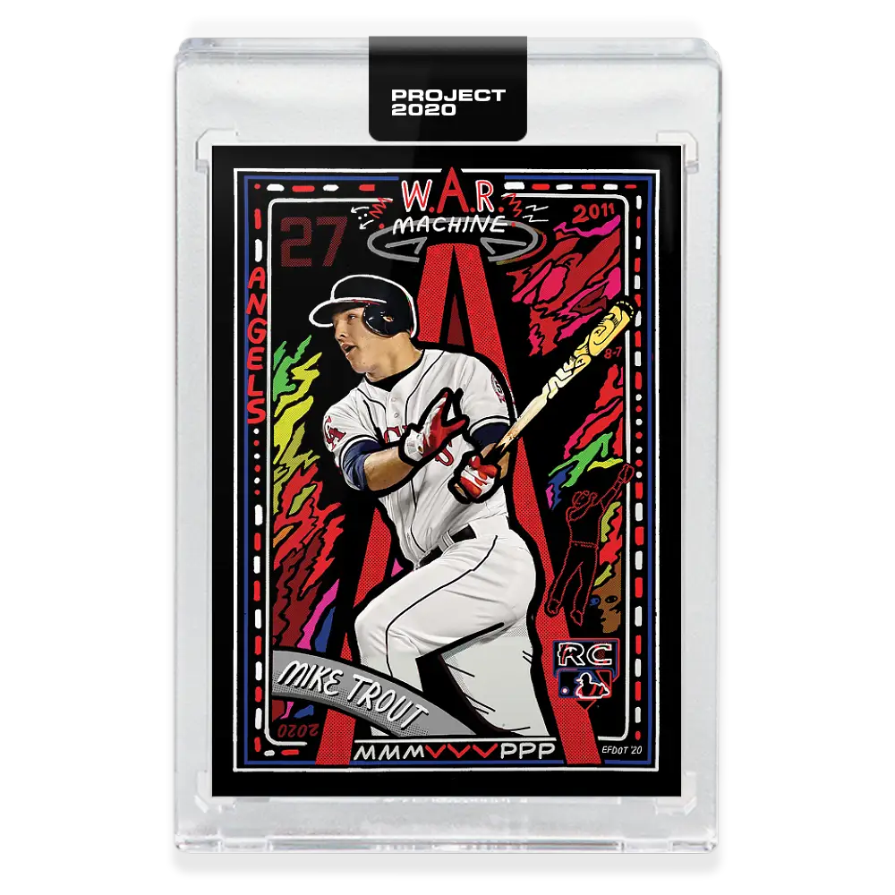 Topps PROJECT 2020 Card #227 featuring Efdot Angels illustration of Mike Trout swinging bat