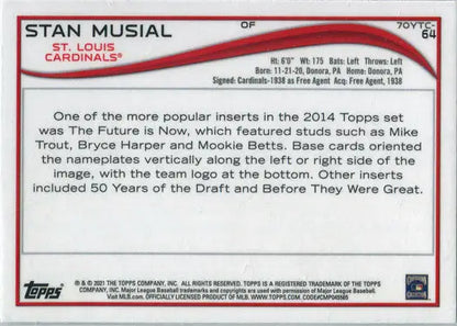 Baseball card of Stan Musial from Topps Series Two 2021 Chrome trading cards