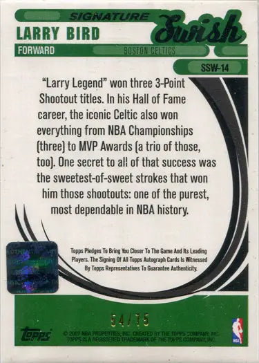 Larry Bird trading card with green and white design showcasing career achievements