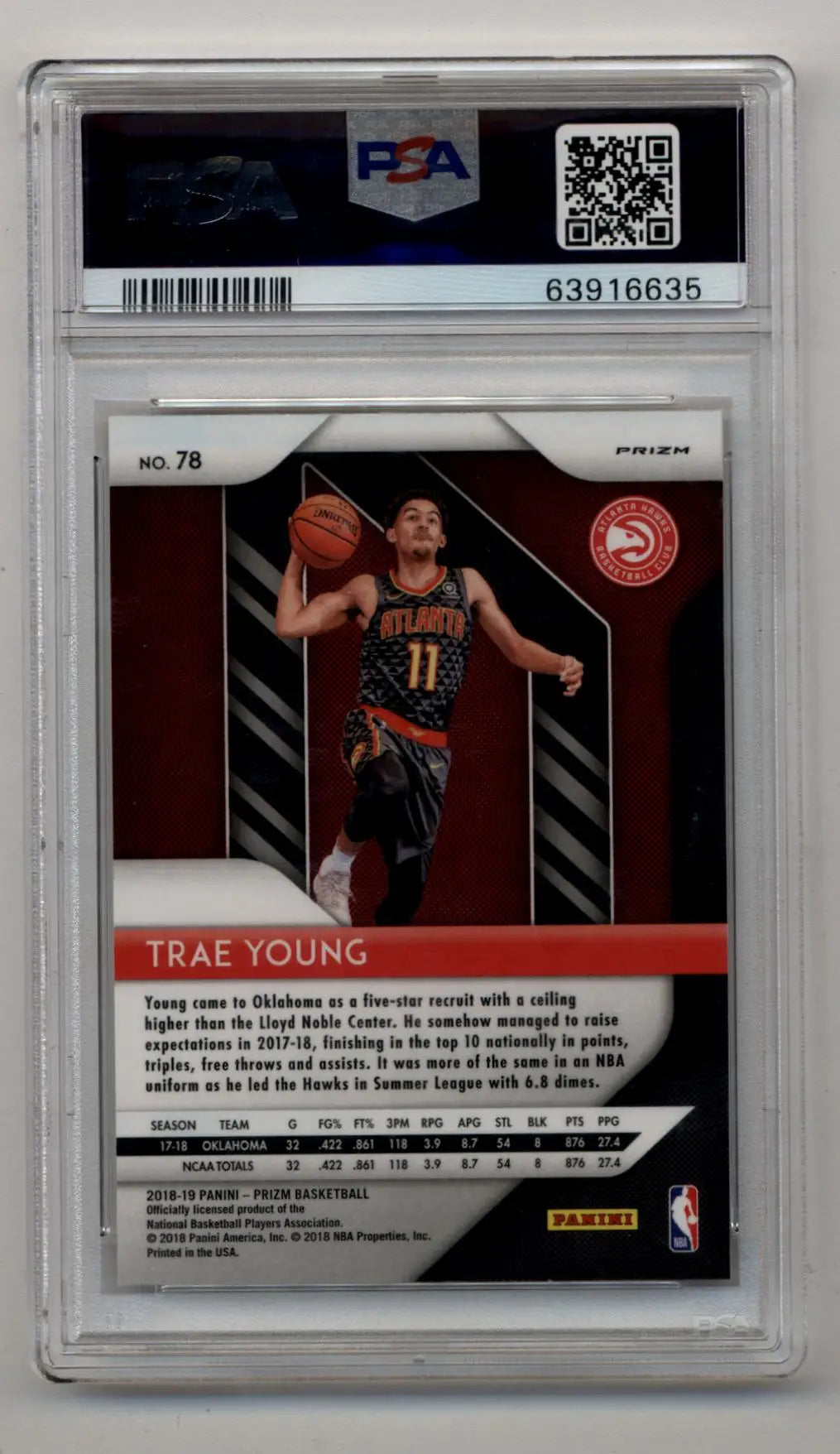 PSA 10 Gem Mint Trae Young 2018-19 Prizm Silver #78 basketball trading card shooting pose