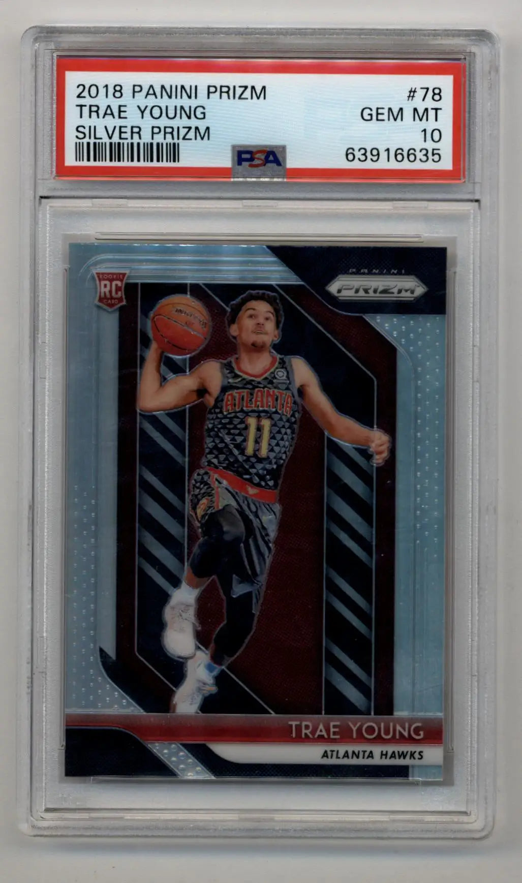 PSA-graded Trae Young 2018-19 Prizm Silver #78 Gem Mint basketball card in action