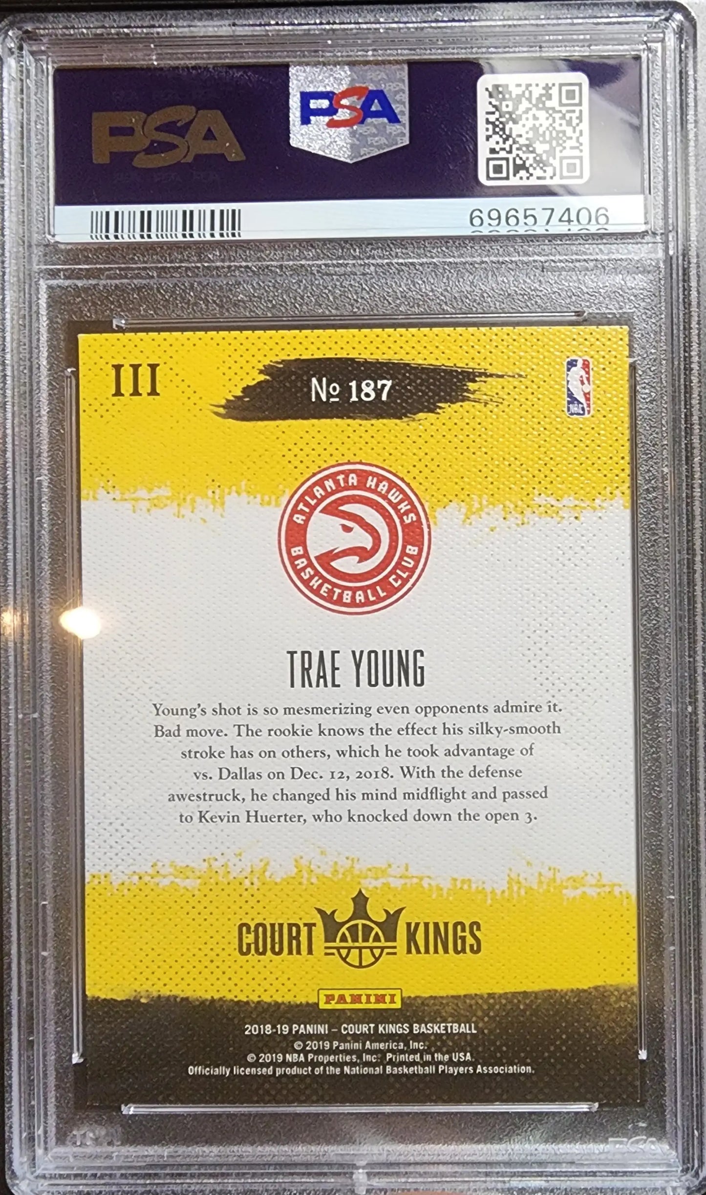 PSA-graded Trae Young Court Kings #187 card back in Gem Mint condition