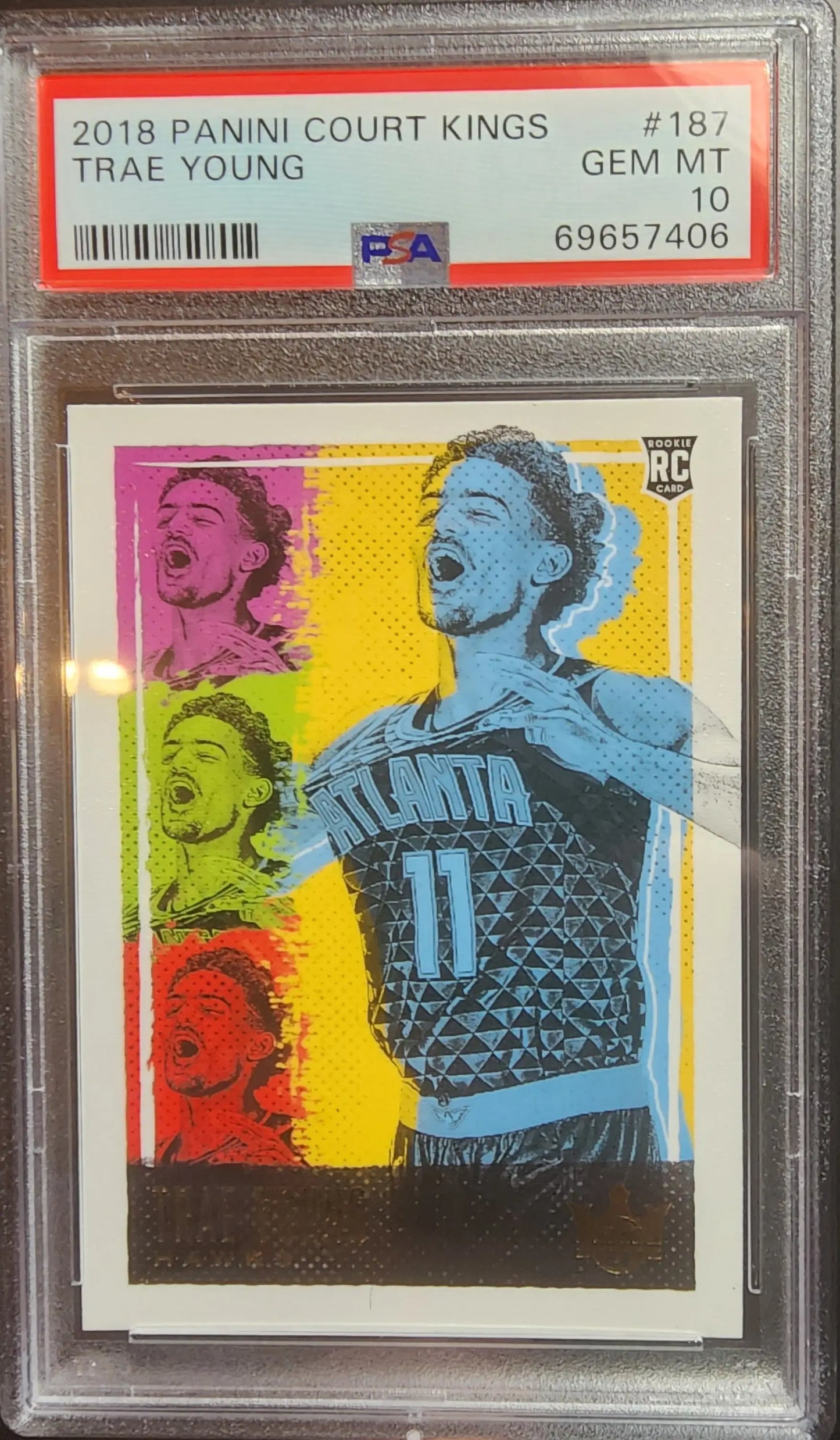 PSA-graded Trae Young 2018 Court Kings #187 card with vibrant pop art design in Gem Mint condition