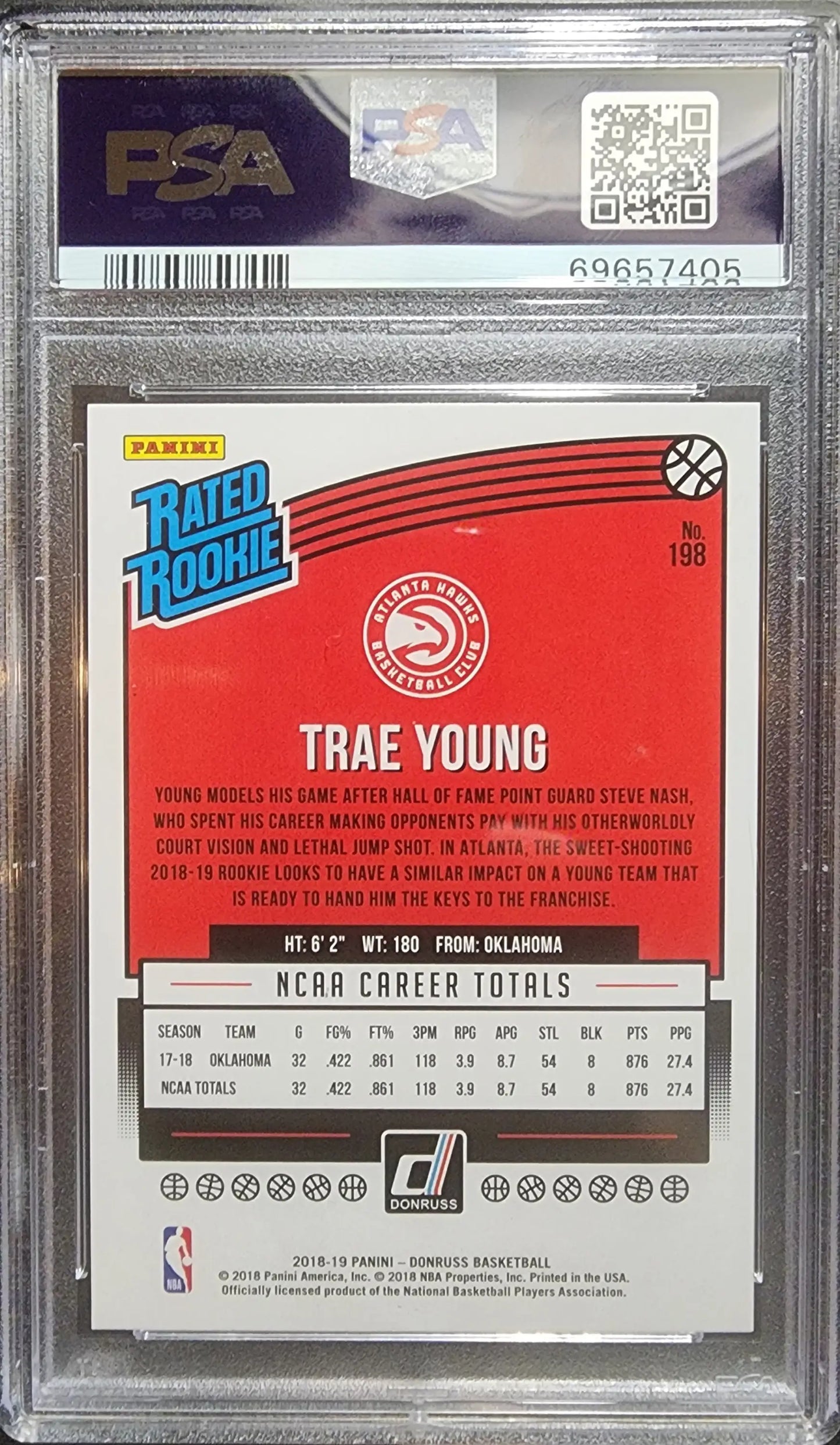 PSA-graded Trae Young 2018 Donruss #198 Yellow Flood Gem Mint trading card