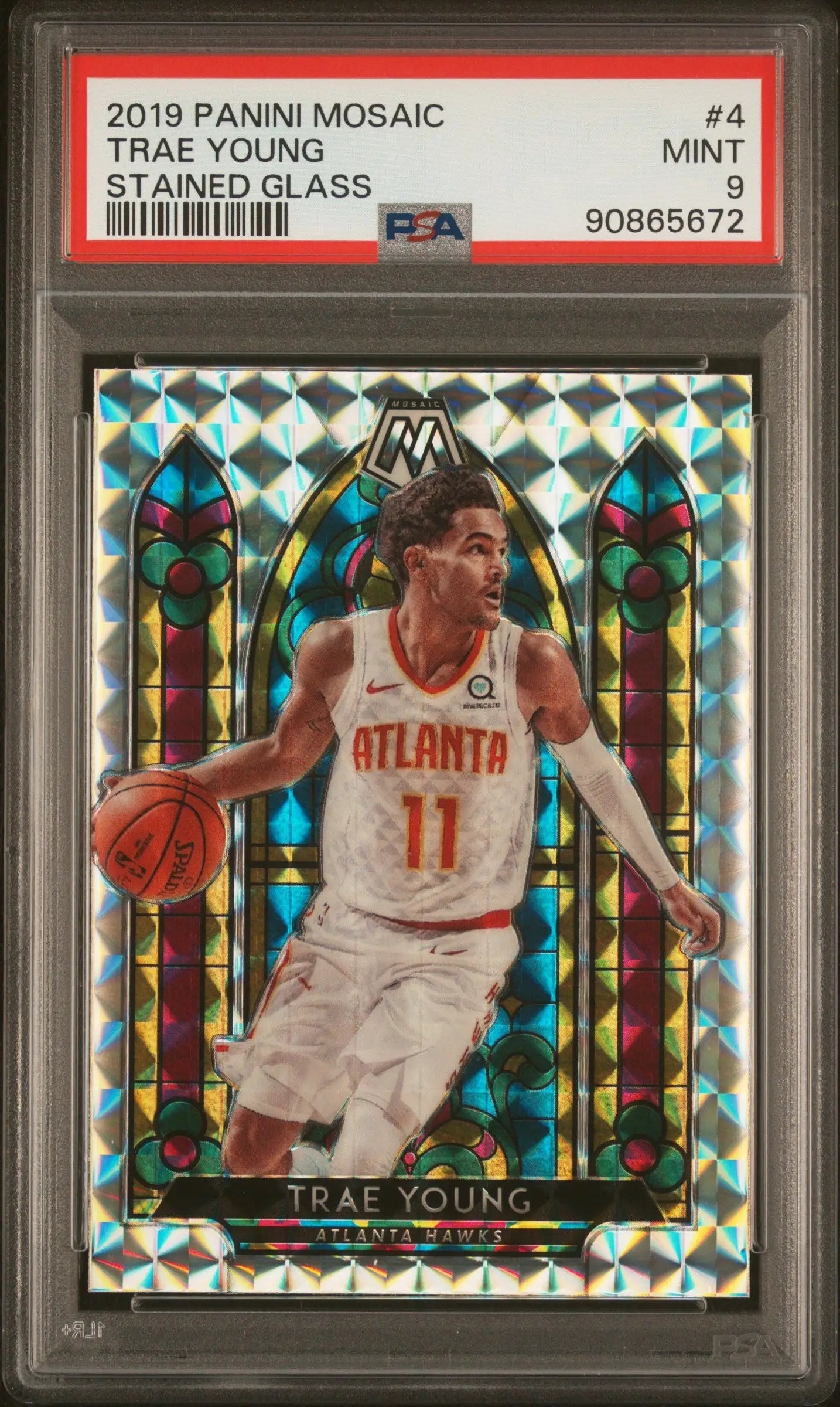 PSA-graded Trae Young 2019 Panini Mosaic stained glass card with geometric design